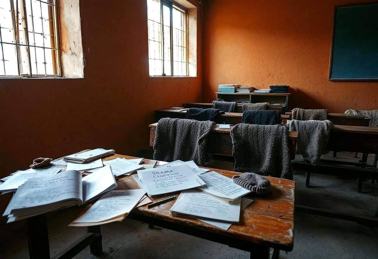 Drama scripts and handwritten character notes scattered across a wooden bench in a Peruvian highland classroom with warm