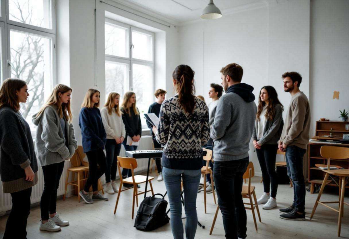 Lanky fourteen to seventeen-year-old high schoolers in wool sweaters and dark jeans gathered around their music teacher 