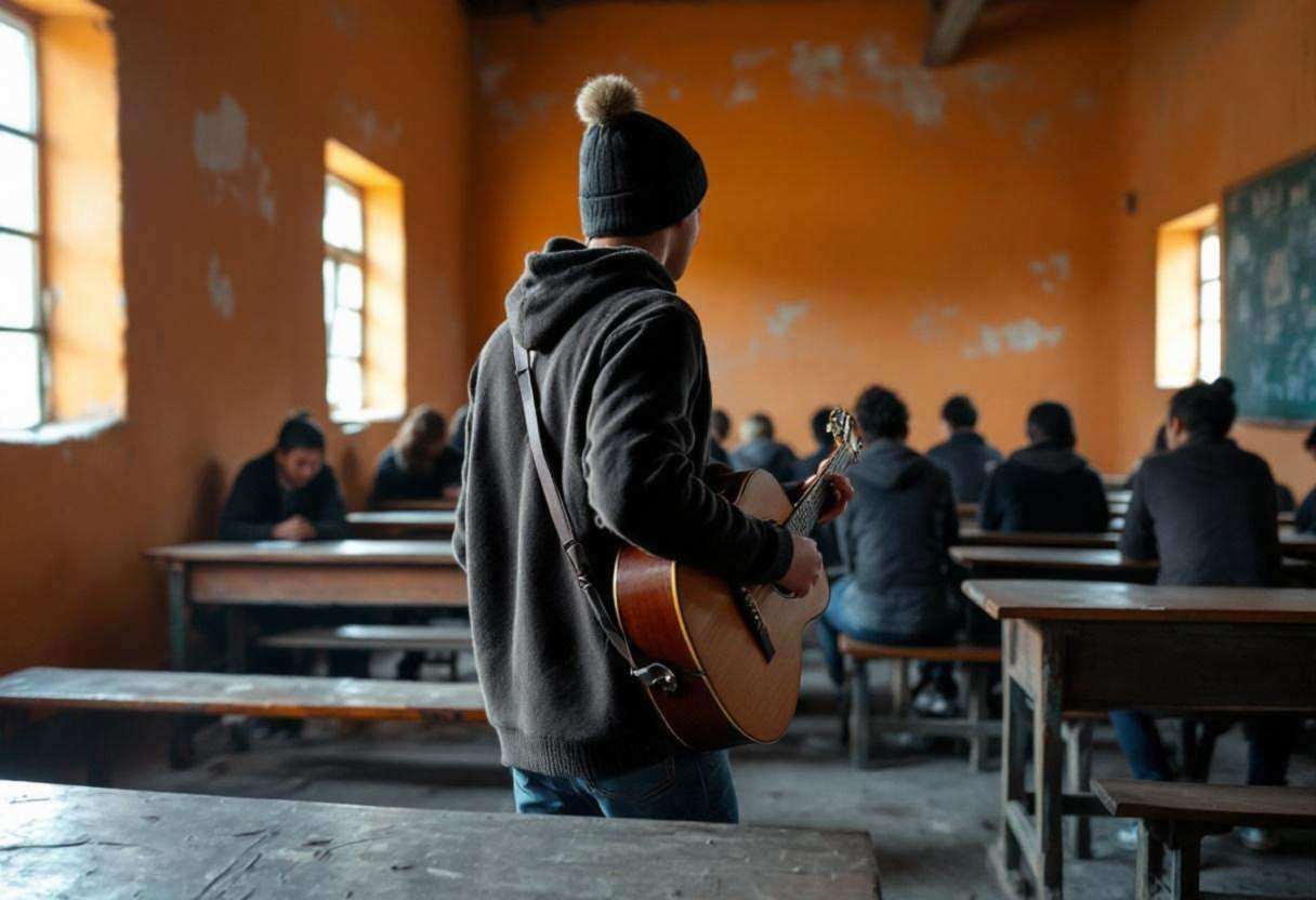 One lanky seventeen-year-old in a thick wool sweater and knit cap strumming an acoustic guitar from behind