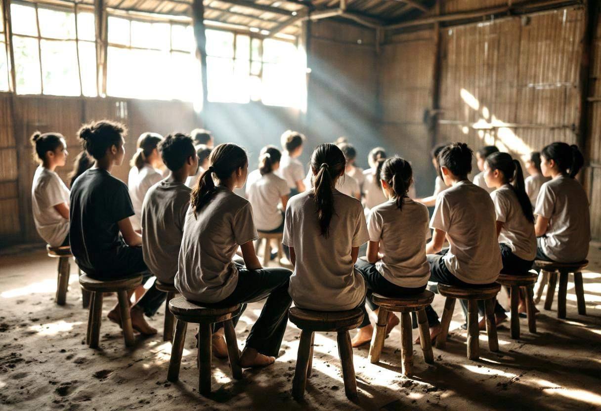 Lanky teenagers ages 14 to 17 in simple cotton t-shirts and long trousers sitting on low wooden stools