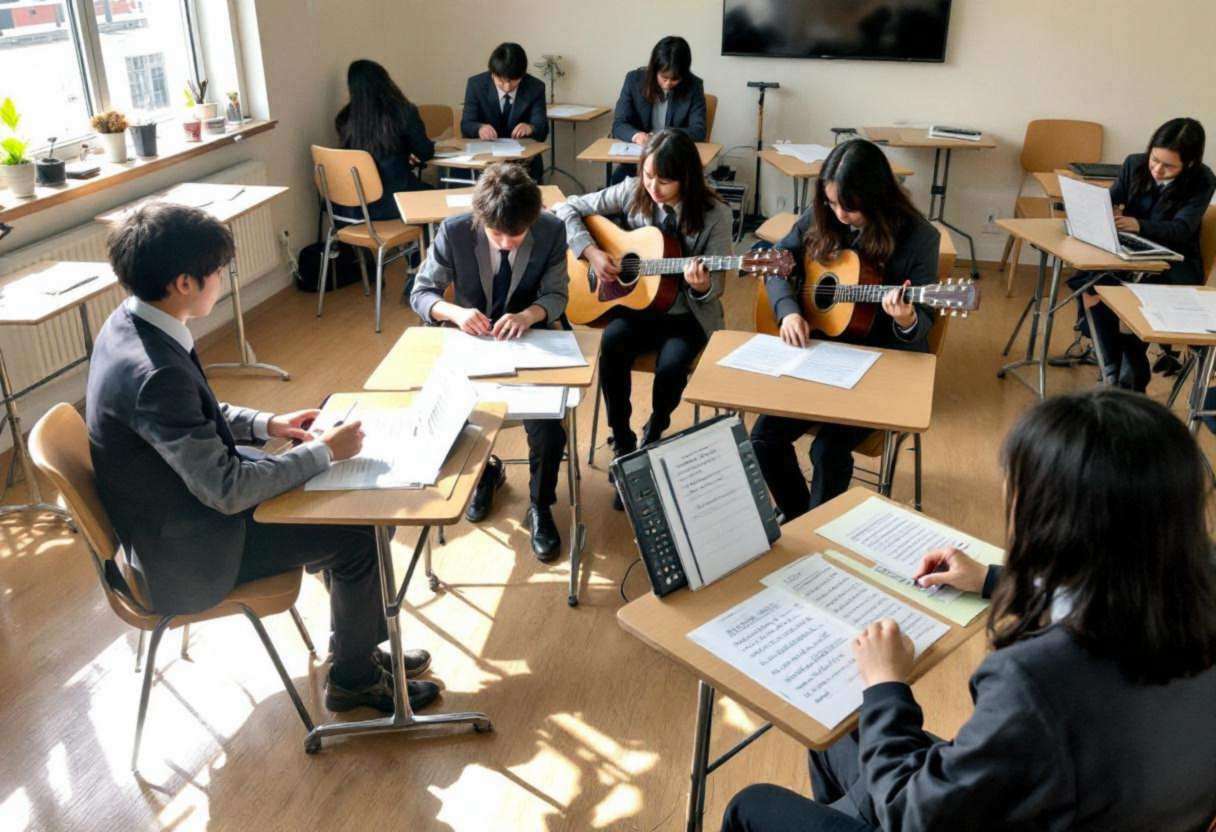 Sheet music scattered across light wood desks alongside acoustic guitars and a small electronic keyboard