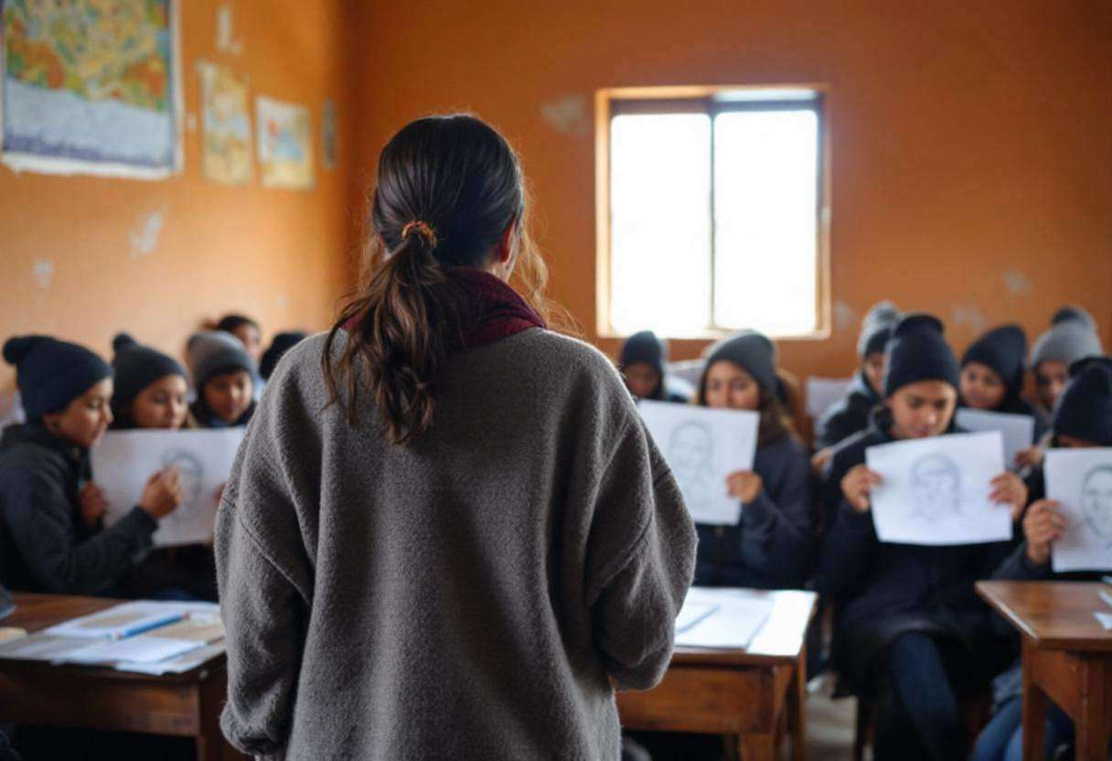 A Peruvian teacher in a traditional woven cardigan seen from behind leads preteens ages 10 to 13 in wool sweaters and kn