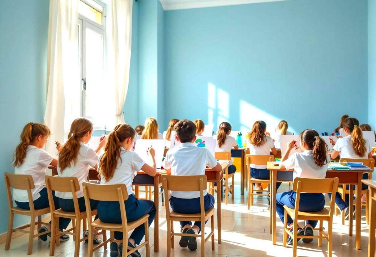 Preteens ages 10-13 in white cotton polo shirts and navy trousers creating self-portraits with colored pencils and paper