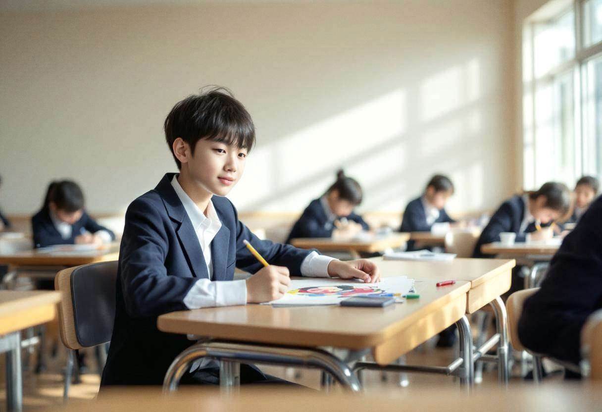 One twelve-year-old student in navy blazer and white collared shirt working on a colorful self-portrait drawing at their