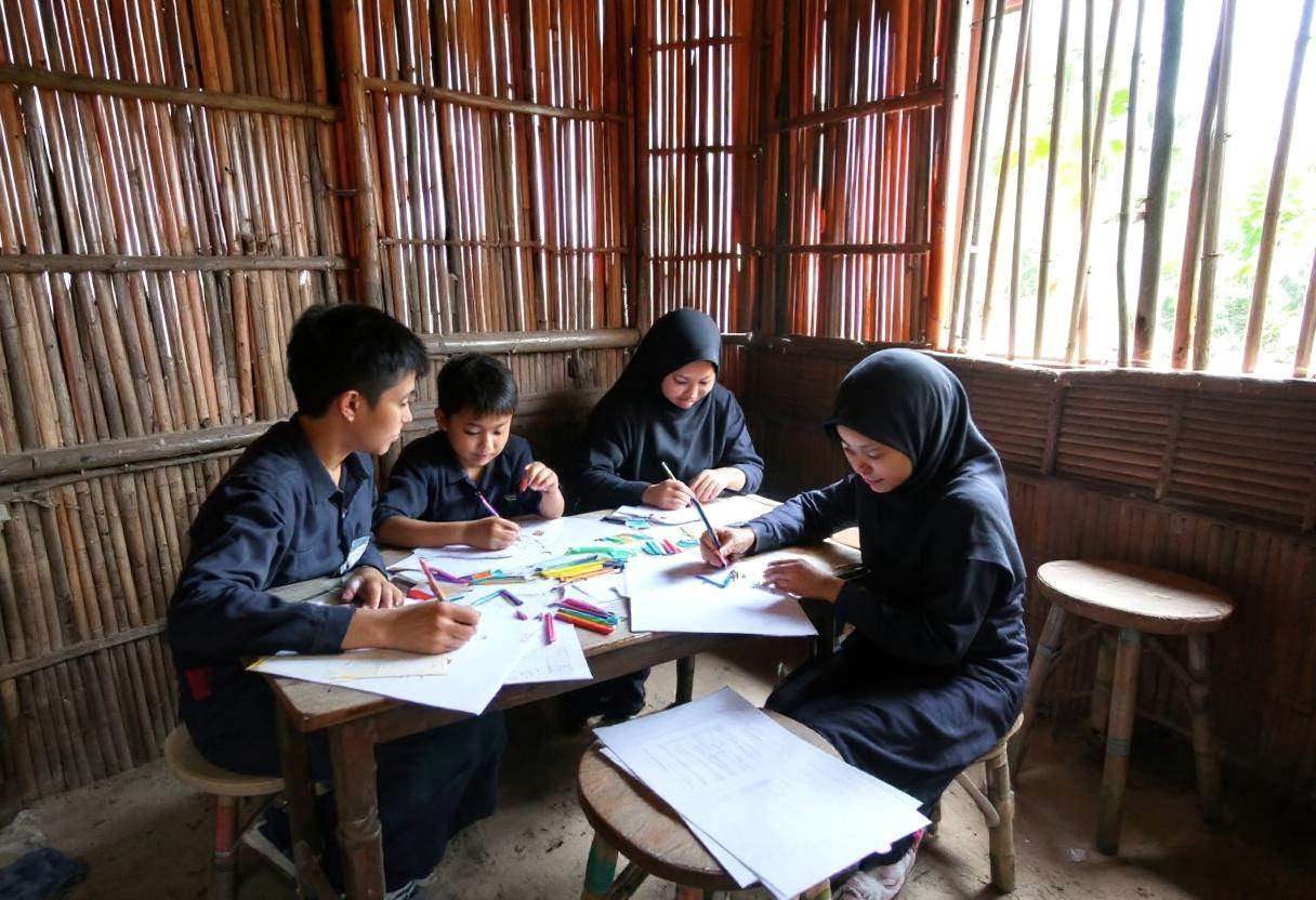 Art supplies scattered on a low wooden table in a corner of an Indonesian rural classroom