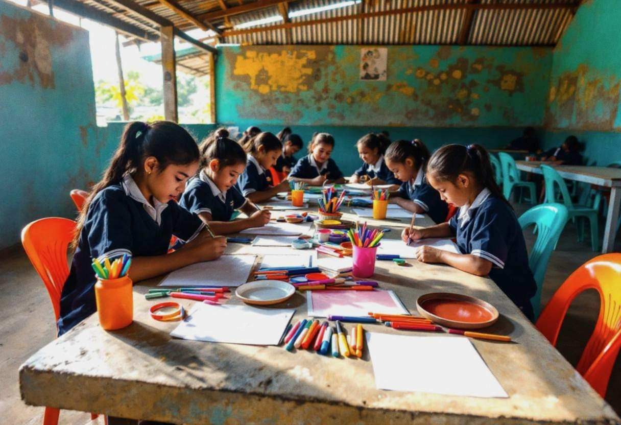 Art supplies scattered across a concrete classroom table: colorful markers