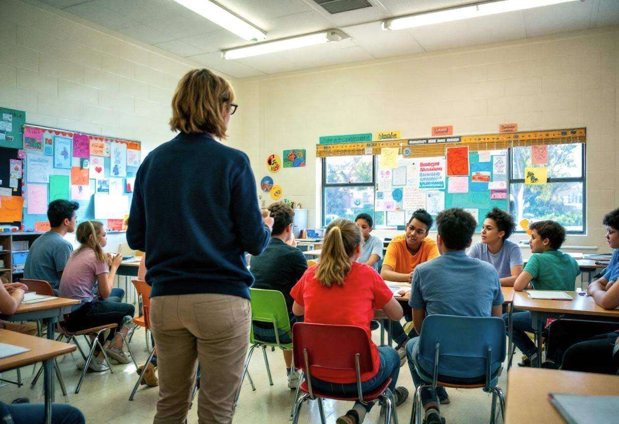 A teacher in a navy cardigan and khakis seen from behind leading preteens ages 10 to 13 in colorful cotton t-shirts and 