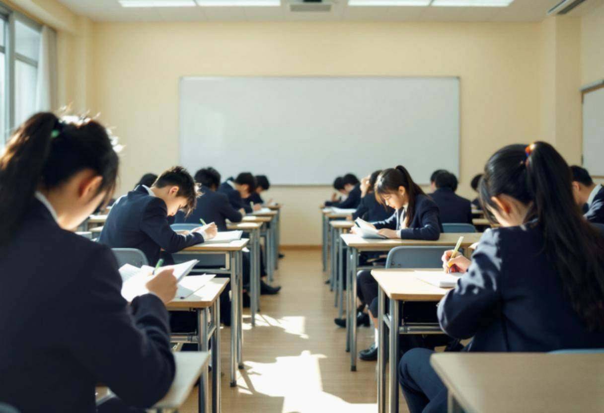 Middle-school-age preteens ages 10 to 13 in navy blazers and white shirts hunched over notebooks writing stories