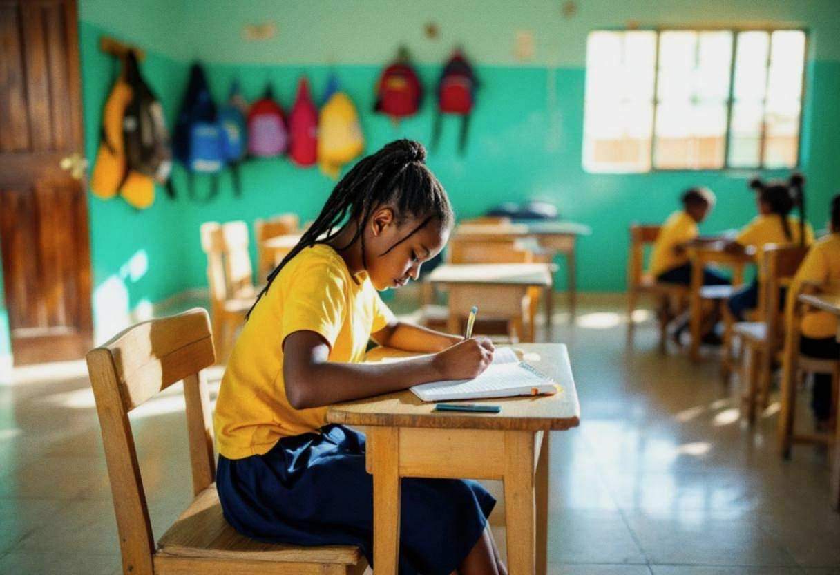 One preteen girl around age 11 in a bright yellow cotton t-shirt and navy skirt writing in a notebook at a small wooden 
