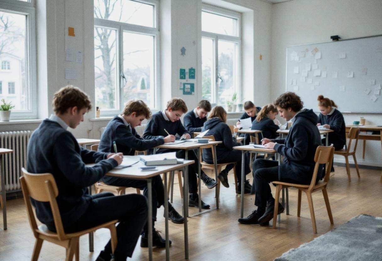 Preteen students ages 10 to 13 in wool sweaters and dark trousers seated in mismatched wooden chairs writing health stor