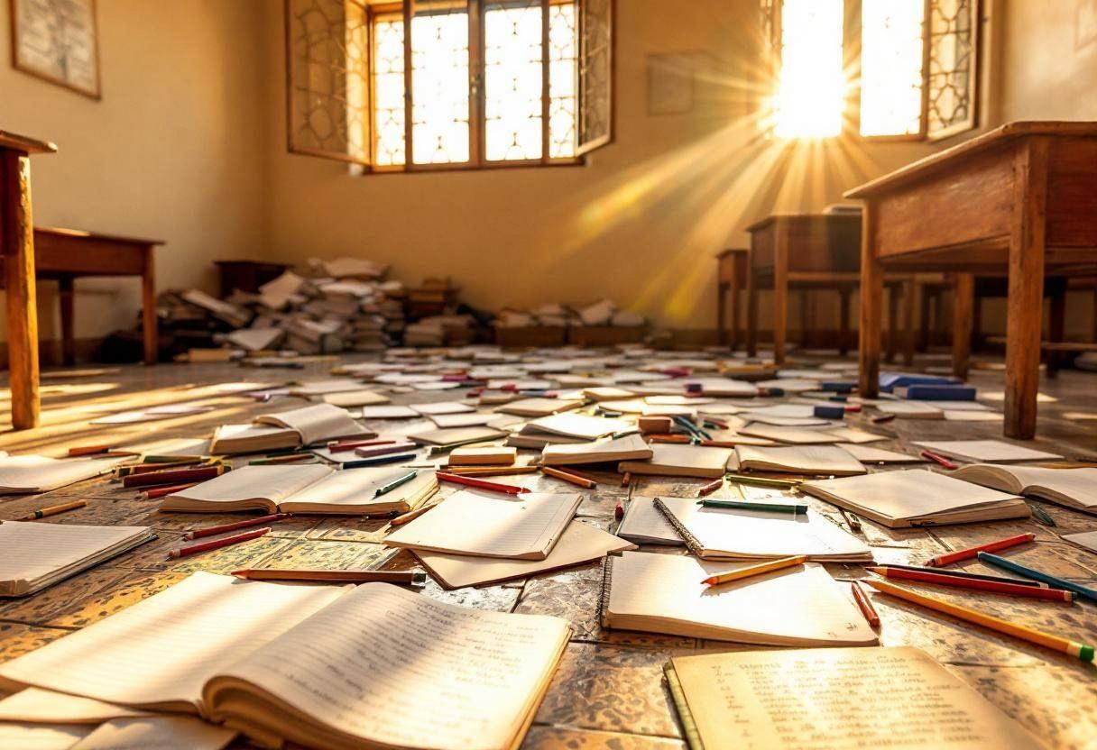 Notebooks with handwritten stories scattered across patterned tile floor alongside colored pencils and erasers in a Moro