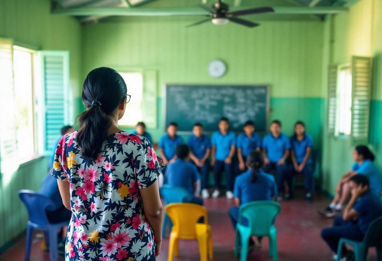 Filipino teacher in a bright floral blouse seen from behind leading twelve-year-old students in blue polo uniform shirts