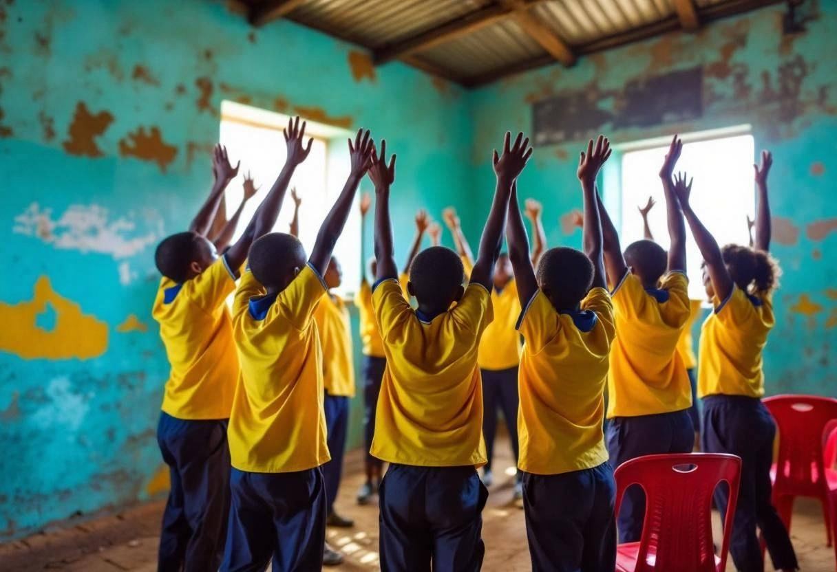 Twelve-year-old students in bright yellow and blue uniform shirts and dark trousers standing in a circle with arms raise