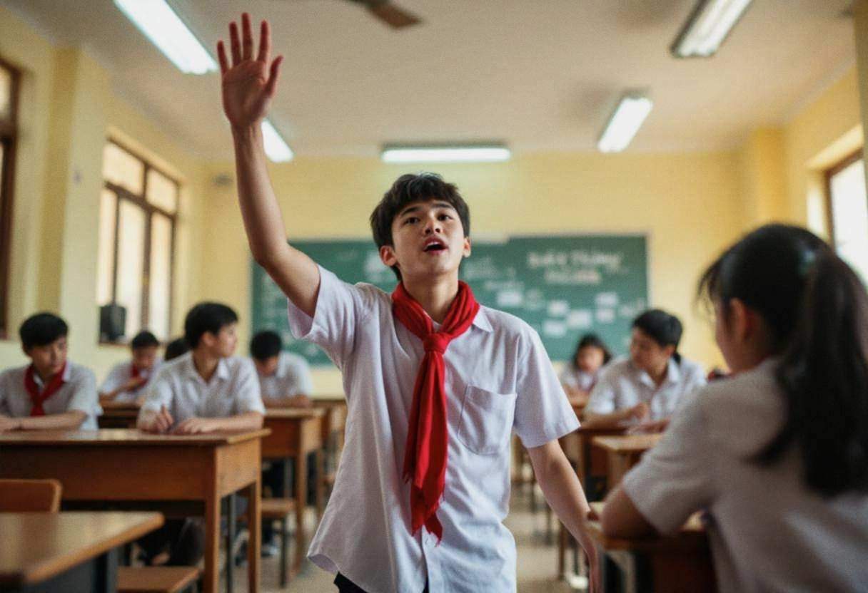 One preteen boy around age 11 in white button-down shirt and red scarf uniform gesturing expressively mid-drama exercise