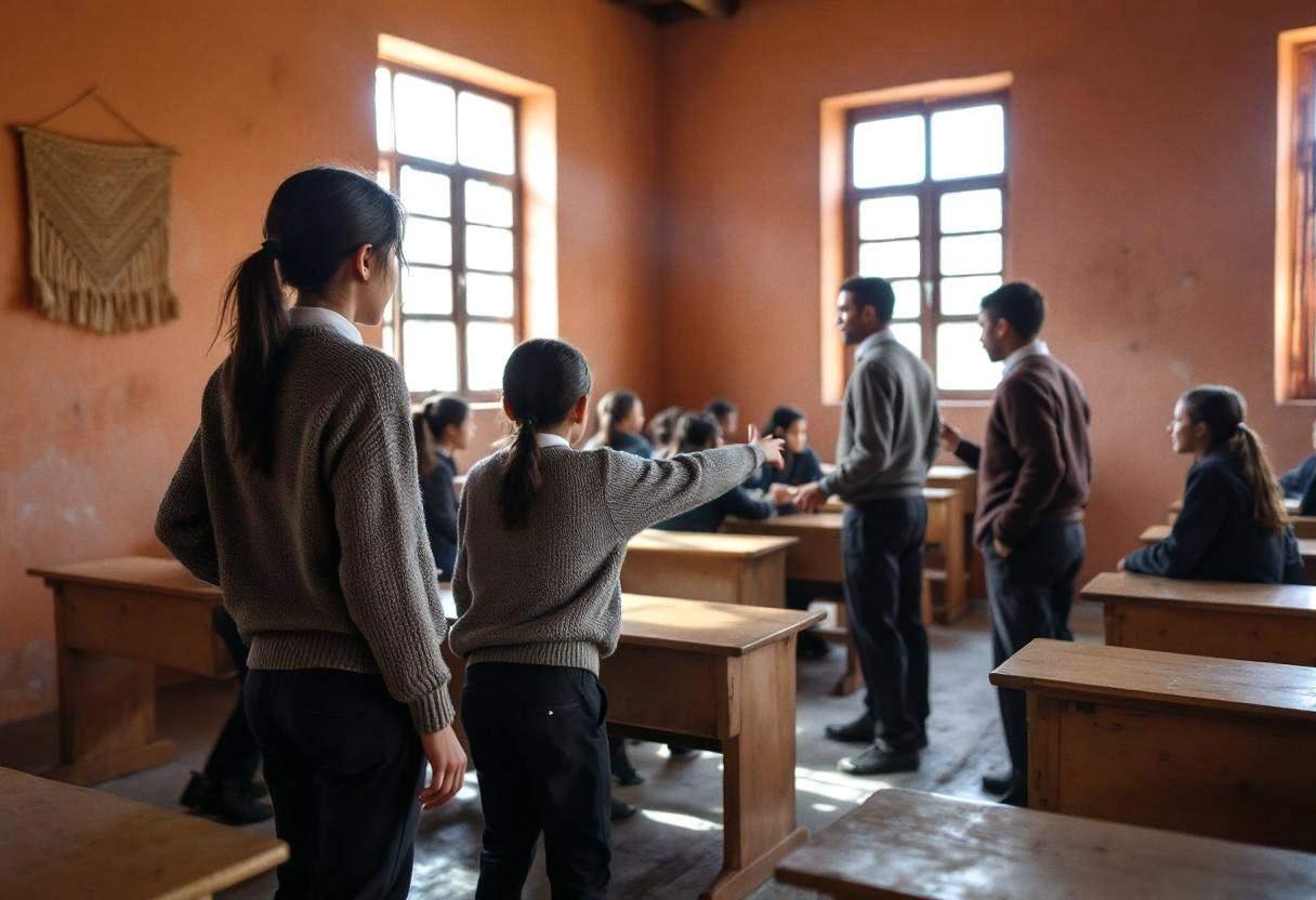 Preteens ages 10 to 13 in knit wool sweaters and dark trousers acting out dramatic scenes mid-lesson