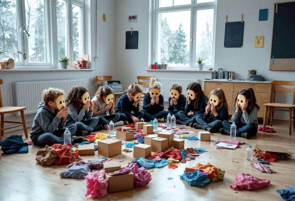 Corner of Scandinavian classroom showing drama activity props scattered on pale birch floor: colorful fabric scraps