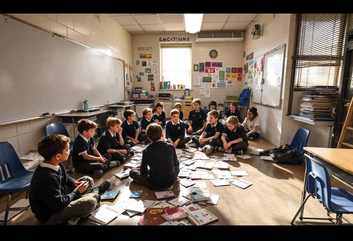 Drama scripts and emotion cards scattered across a scuffed vinyl tile floor in a modest US public-school classroom with 