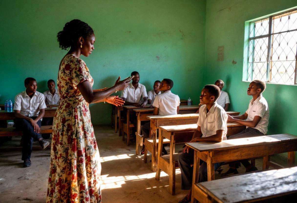 Kenyan teacher in a flowing patterned dress leading lanky teenagers ages 14 to 17 in white button-down shirts and dark t