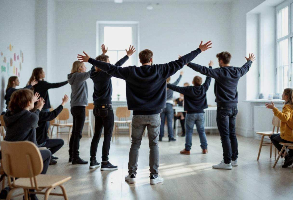 Lanky fourteen to seventeen-year-olds in dark wool sweaters and jeans creating frozen tableau scenes