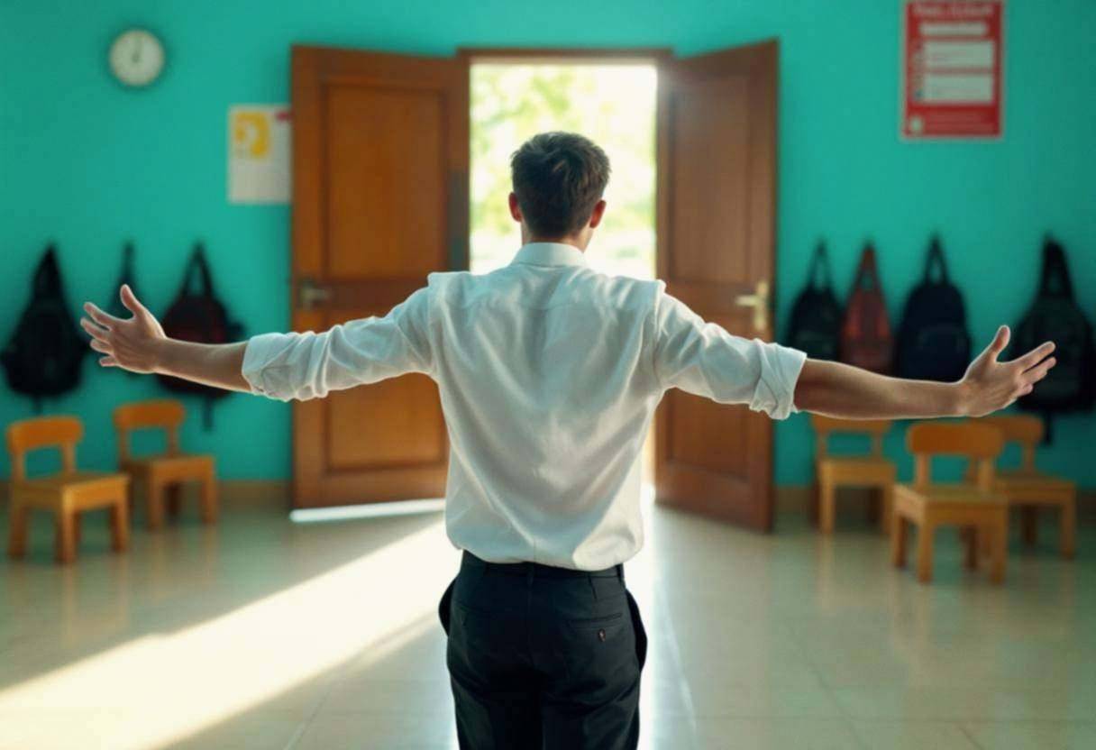One lanky fifteen-year-old in a white button-down school shirt and dark trousers frozen mid-gesture with arms outstretch