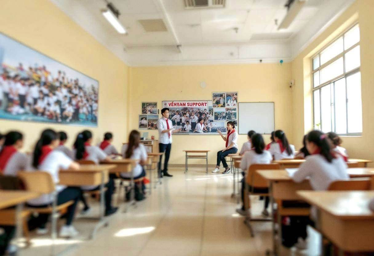 Lanky fourteen to seventeen-year-old Vietnamese high school students in white button-down uniform shirts and red scarves