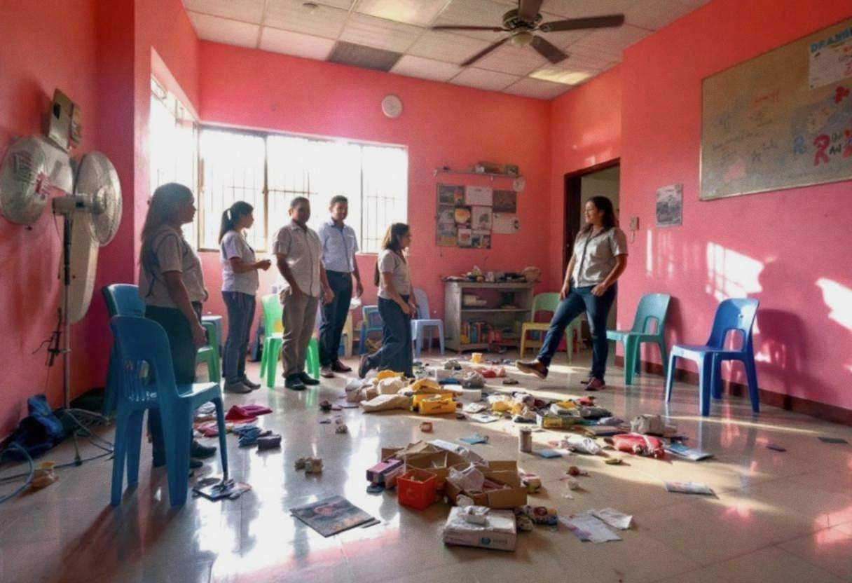 Drama props scattered on shiny cream ceramic tiles in a Mexican community-school classroom with bright coral-pink concre
