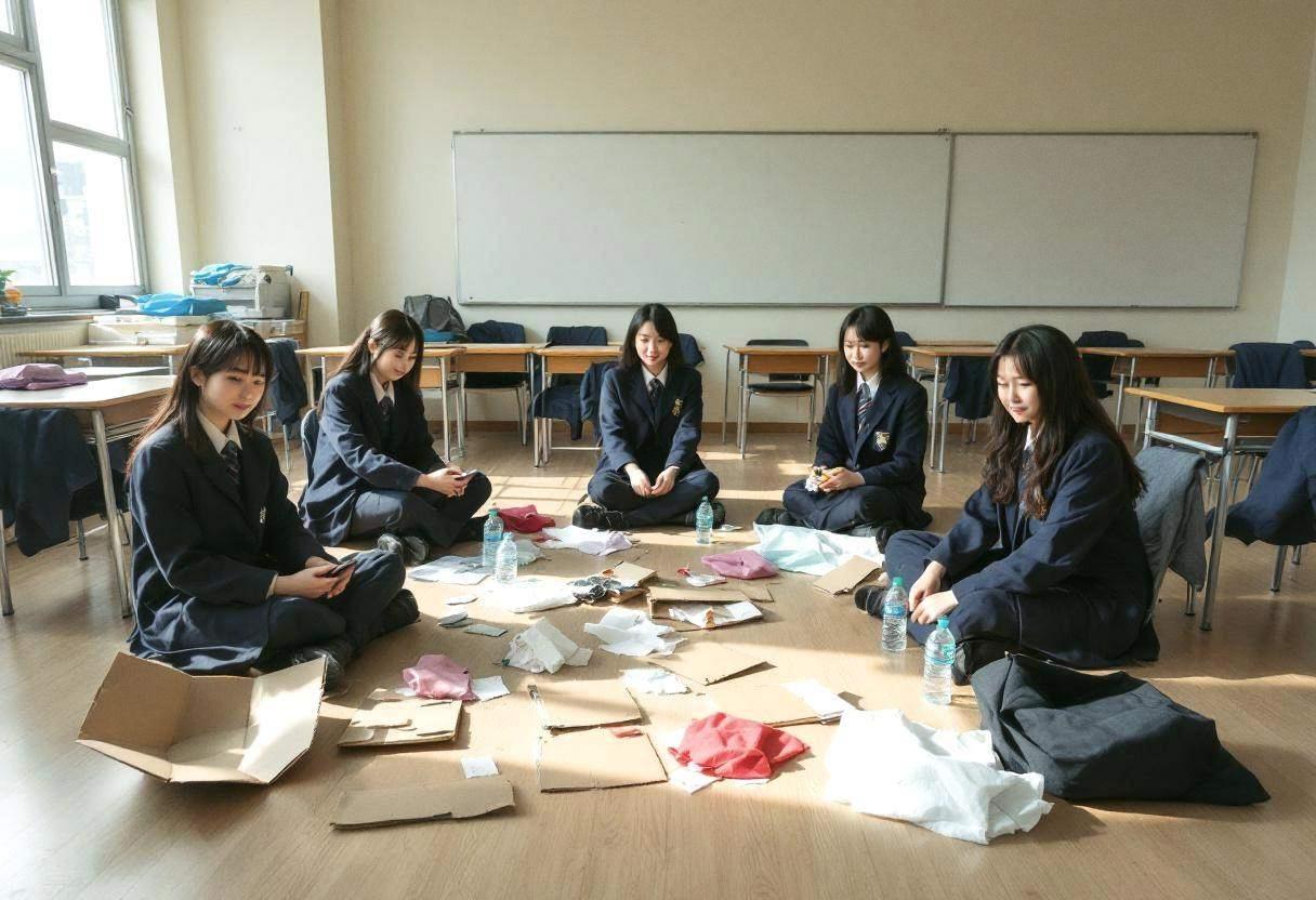 Simple props scattered across light wood classroom floor including folded cardboard pieces