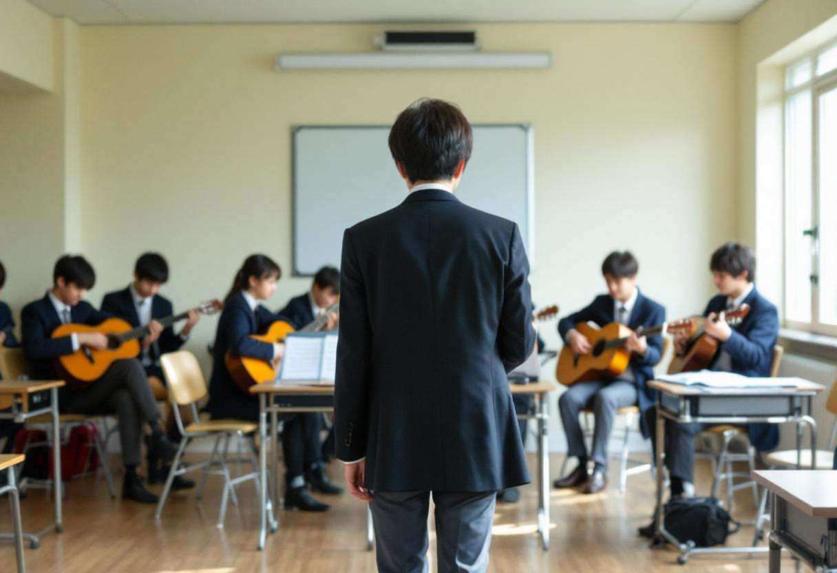 A Japanese music teacher in a dark blazer and white blouse seen from behind leading lanky fourteen to seventeen-year-old