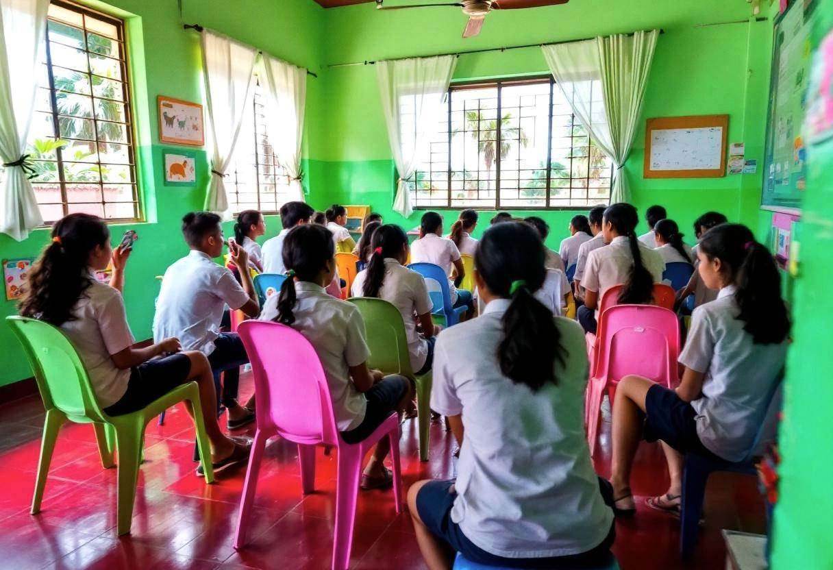 Lanky teenagers ages 14 to 17 in white button-down uniform shirts and navy trousers seated on mixed green-blue-pink plas
