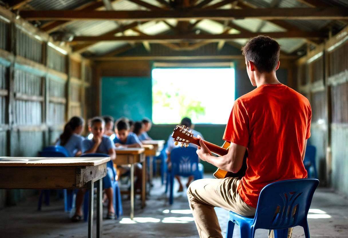A lanky sixteen-year-old in a bright cotton t-shirt and long khaki pants playing acoustic guitar from behind