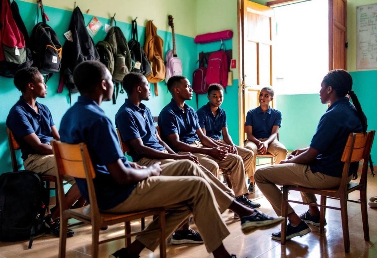 Lanky fourteen to seventeen-year-old high school students in navy polo shirts and khaki trousers sitting on small wooden