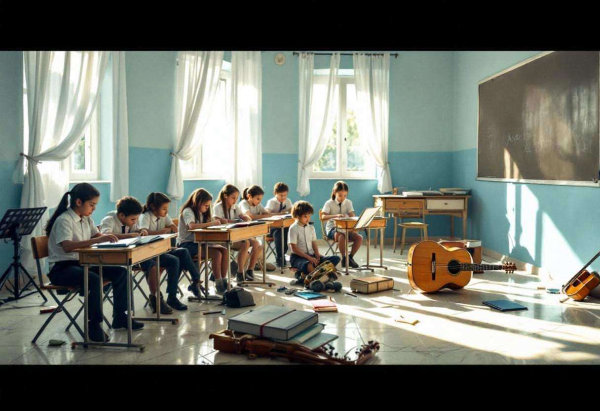 Musical instruments and sheet music scattered across cream marble-tile floor in a Greek island classroom with pale blue 