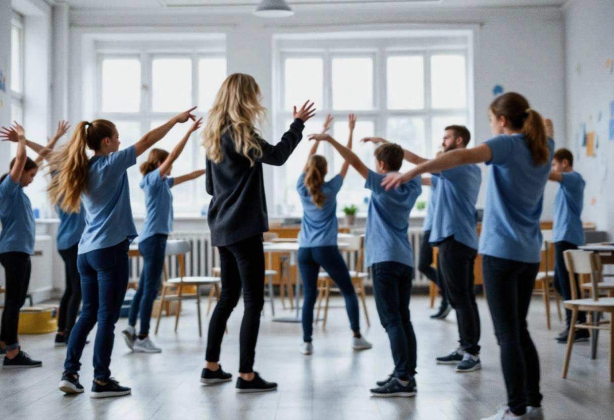 A Scandinavian teacher in a dark wool cardigan and black trousers leading lanky teenagers ages 14 to 17 in blue uniform 