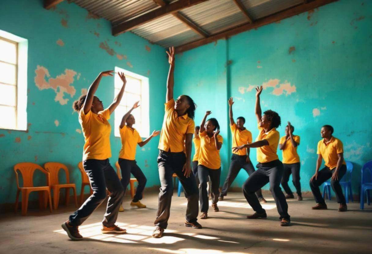 Lanky teenagers ages 14 to 17 in bright uniform polo shirts and dark trousers moving through expressive dance sequences