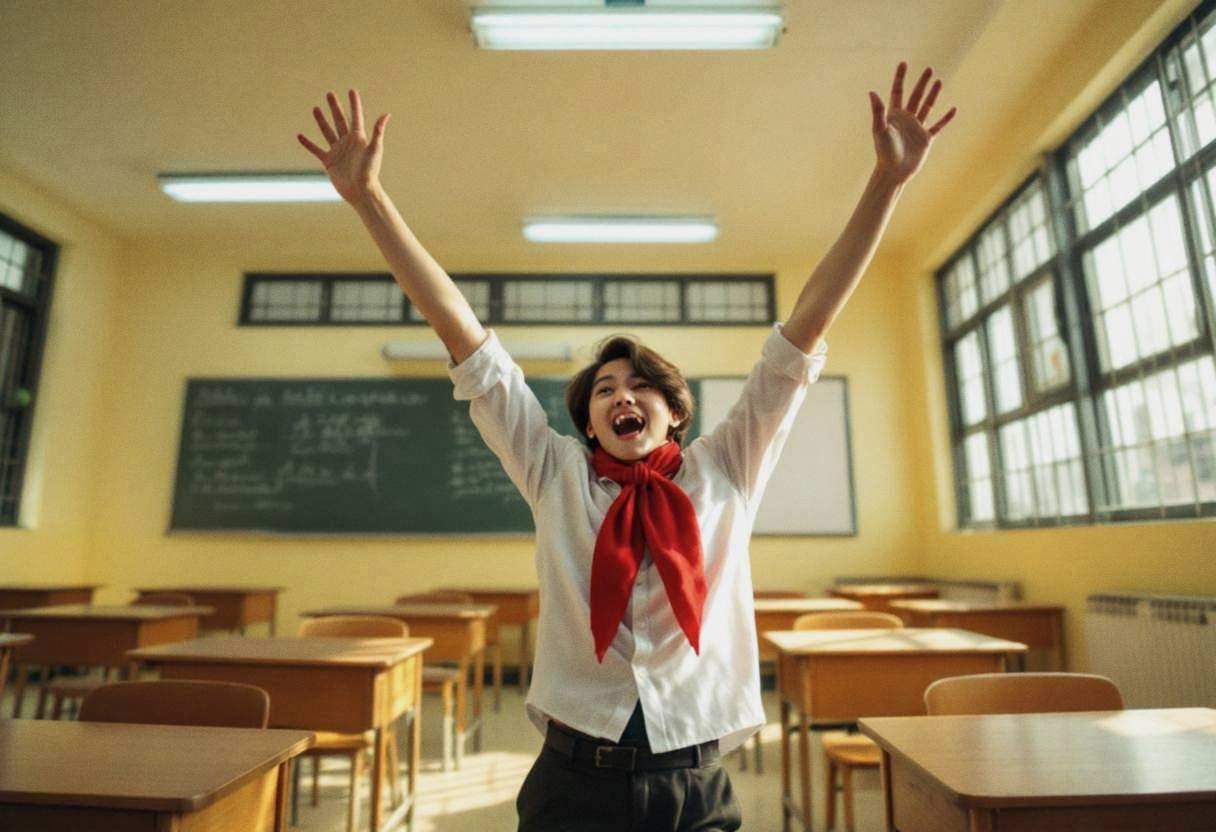 One lanky fourteen-year-old Vietnamese student in white button-down uniform shirt and red scarf