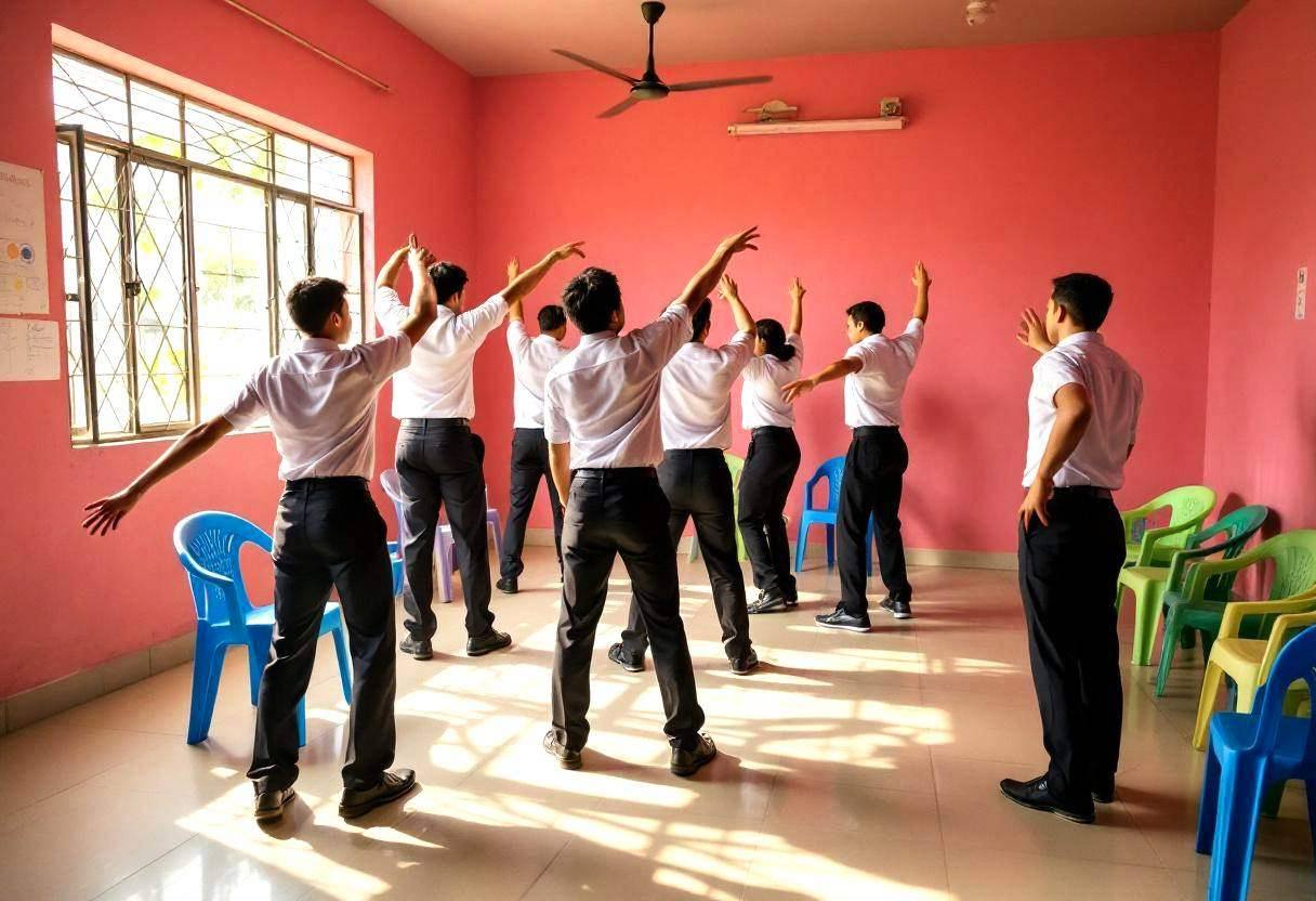 Lanky teenagers ages 14 to 17 in white button-down uniform shirts and dark trousers performing expressive movement exerc