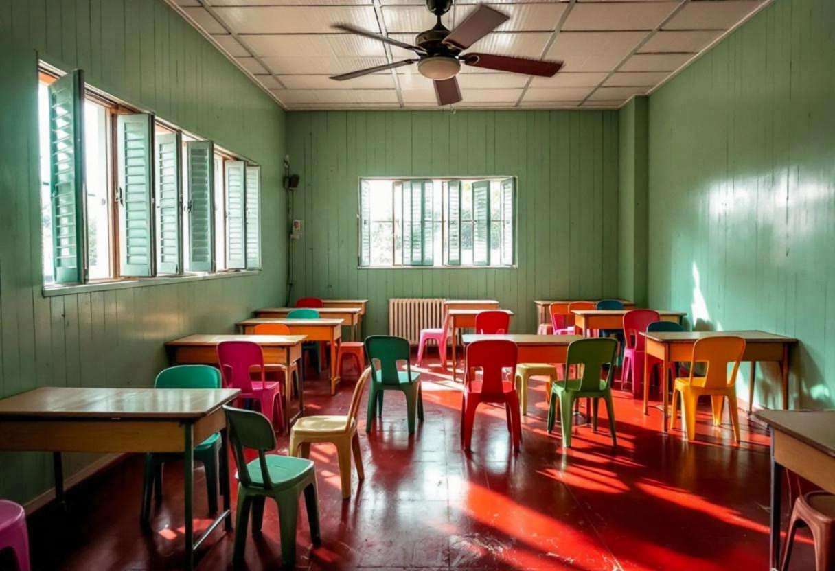 Empty corner of a Filipino high school classroom with pale green wooden plank walls