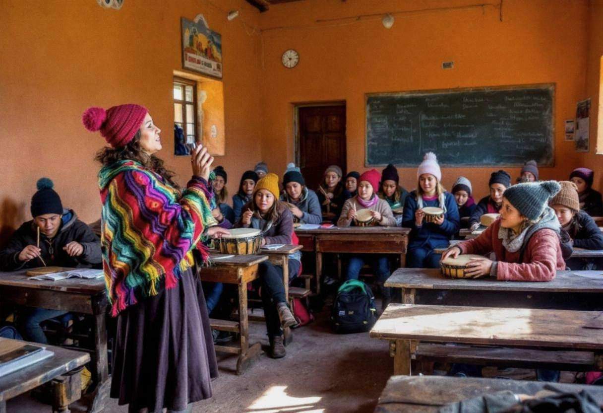 A teacher in a colorful woven poncho and dark wool skirt leads preteens ages 10 to 13 in knit sweaters and wool caps hol