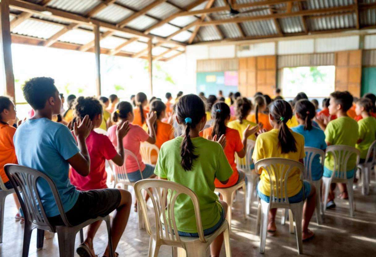 Round-faced preteens ages 10 to 13 in bright cotton t-shirts and knee-length shorts seated on mixed plastic chairs