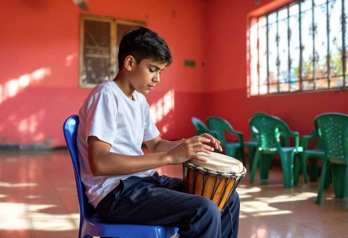 One preteen boy around age 11 in a white cotton t-shirt and dark blue trousers sitting at a blue plastic chair