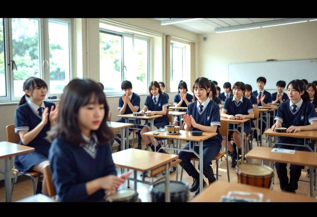 Preteens ages 10 to 13 in navy-and-white school uniforms seated at metal-and-wood desks