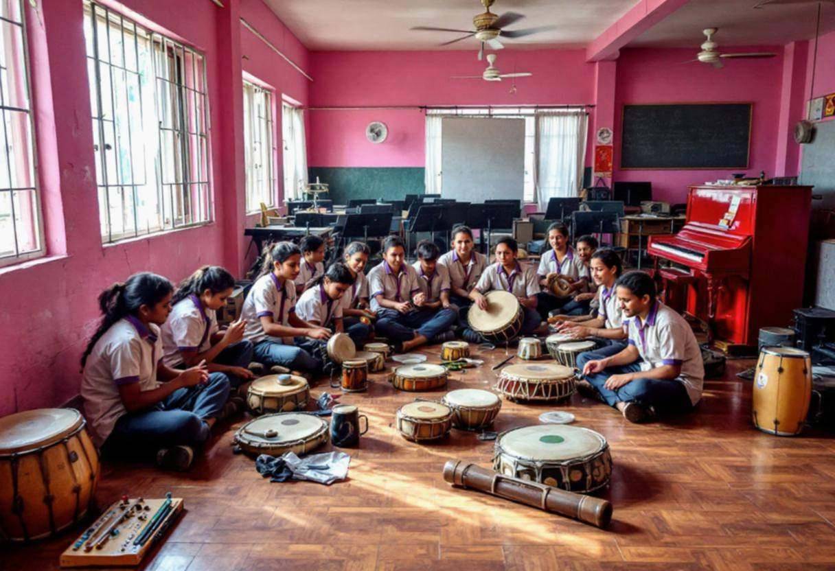 Music instruments and handmade percussion scattered across wood-look tile floor in an Indian municipal school music room