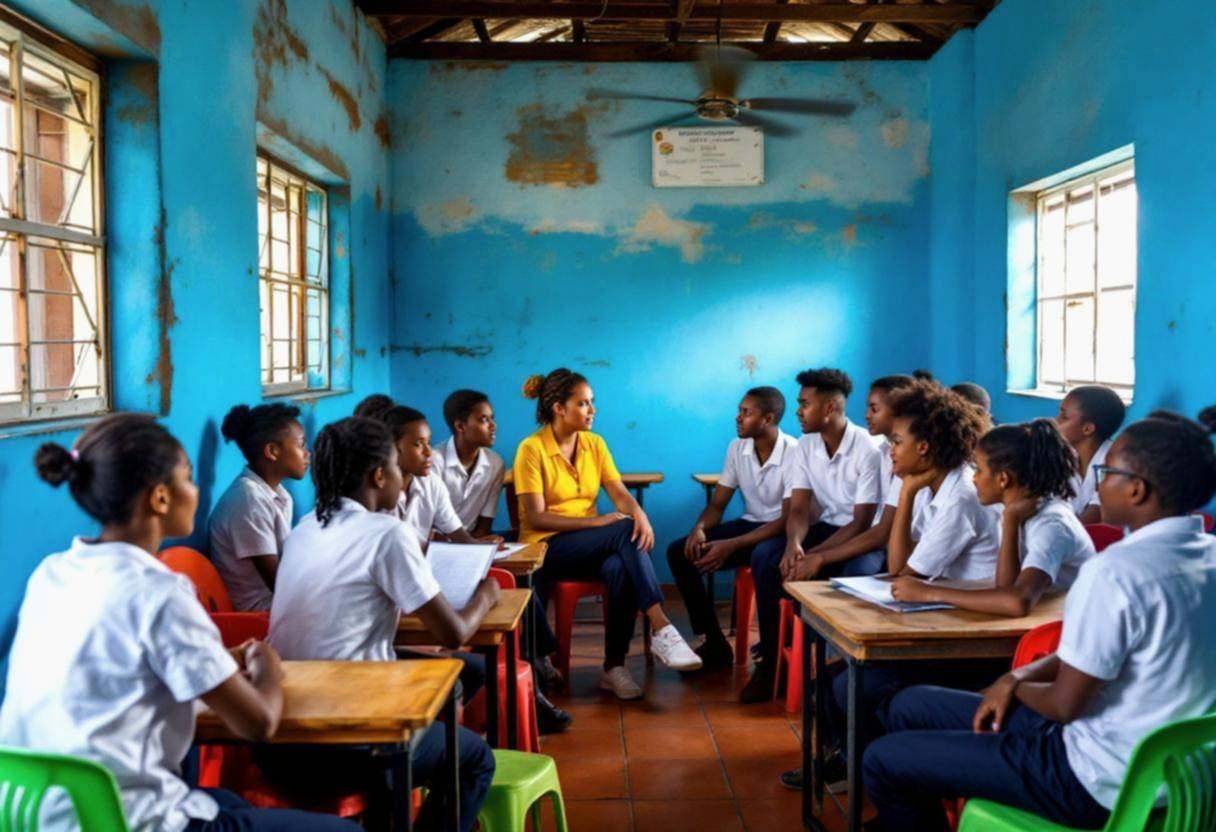 Lanky teenagers ages 14 to 17 in white polo shirts and navy trousers gathered around their teacher in a bright cotton bl