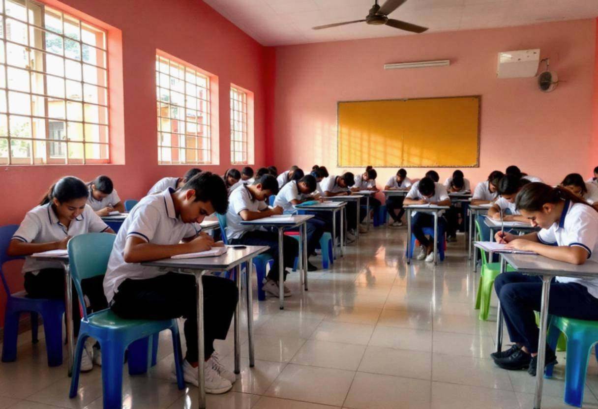 Lanky fourteen to seventeen-year-old high school students in white polo shirts and navy trousers hunched over notebooks