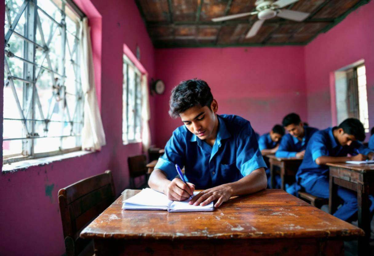 Lanky fifteen-year-old student in blue uniform shirt and navy trousers hunched over notebook
