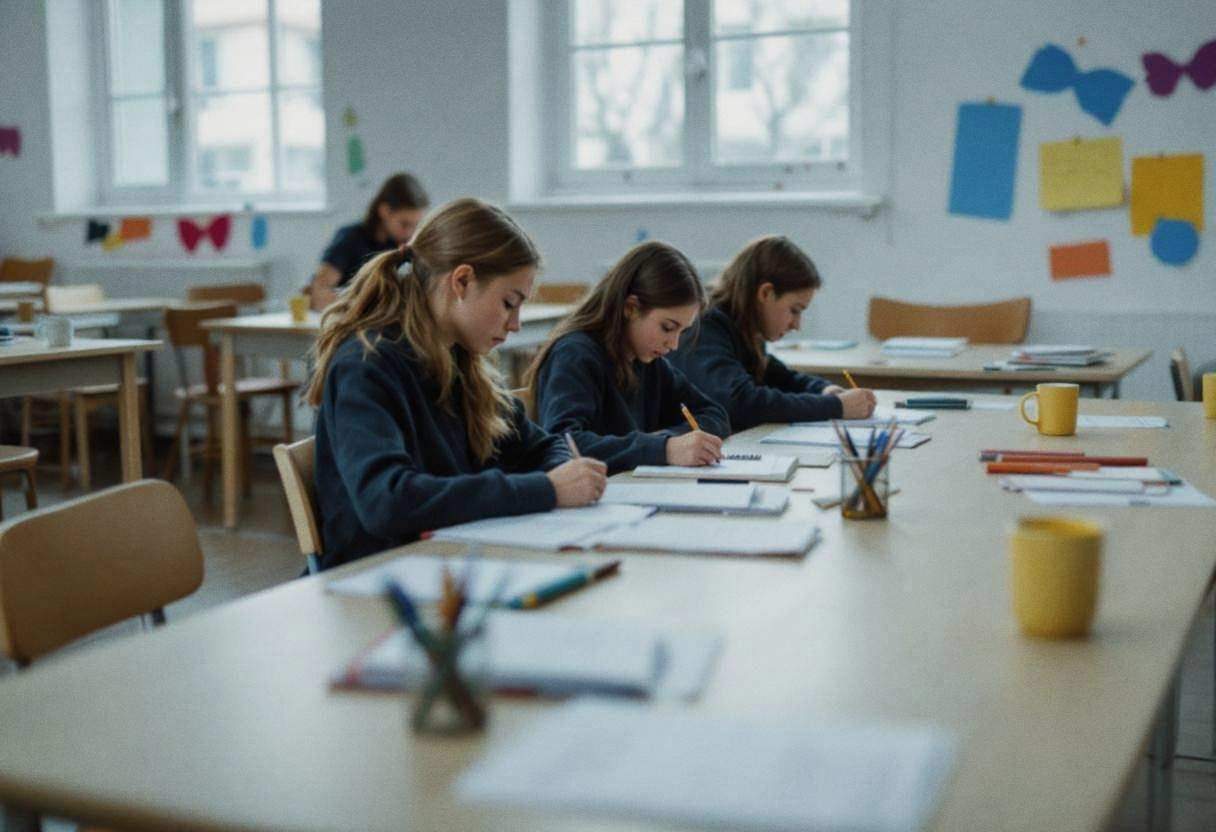 Creative writing notebooks and pencils scattered across a pale birch classroom table in a Scandinavian high school