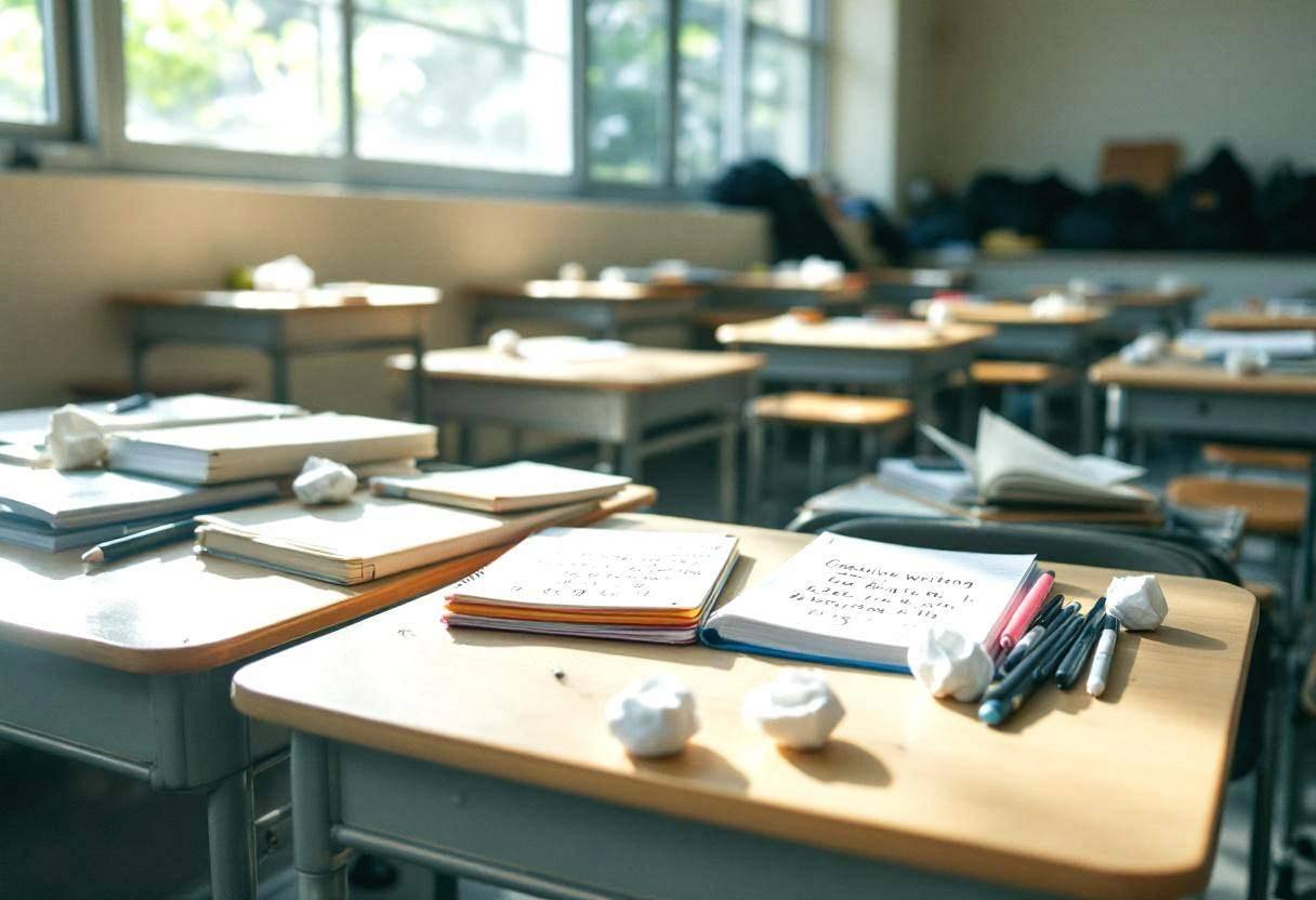 Notebooks with handwritten creative writing drafts scattered across light wood desks