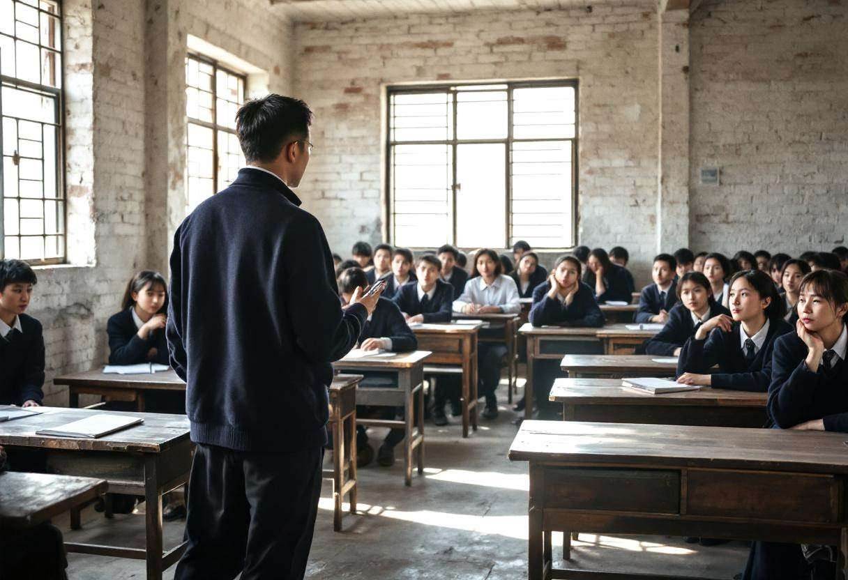 A Chinese teacher in a dark blue cardigan and long black trousers stands from behind addressing lanky teenagers ages 14 