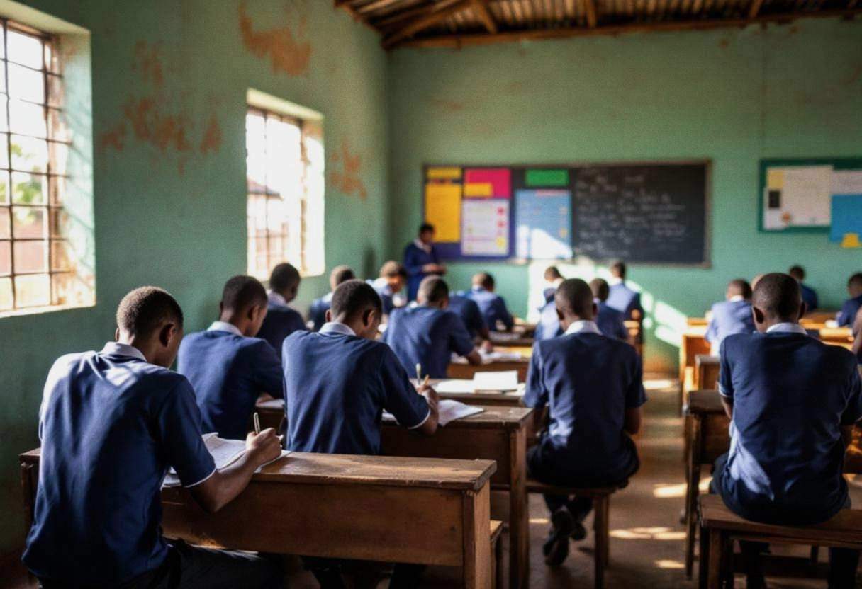 Lanky teenagers ages 14 to 17 in navy blue uniform shirts and dark trousers seated on plain wooden benches