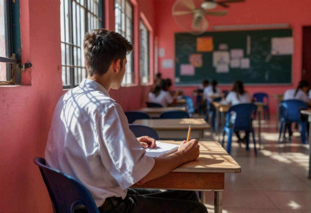 A lanky sixteen-year-old student in a white button-down school shirt and dark trousers sits writing in a notebook